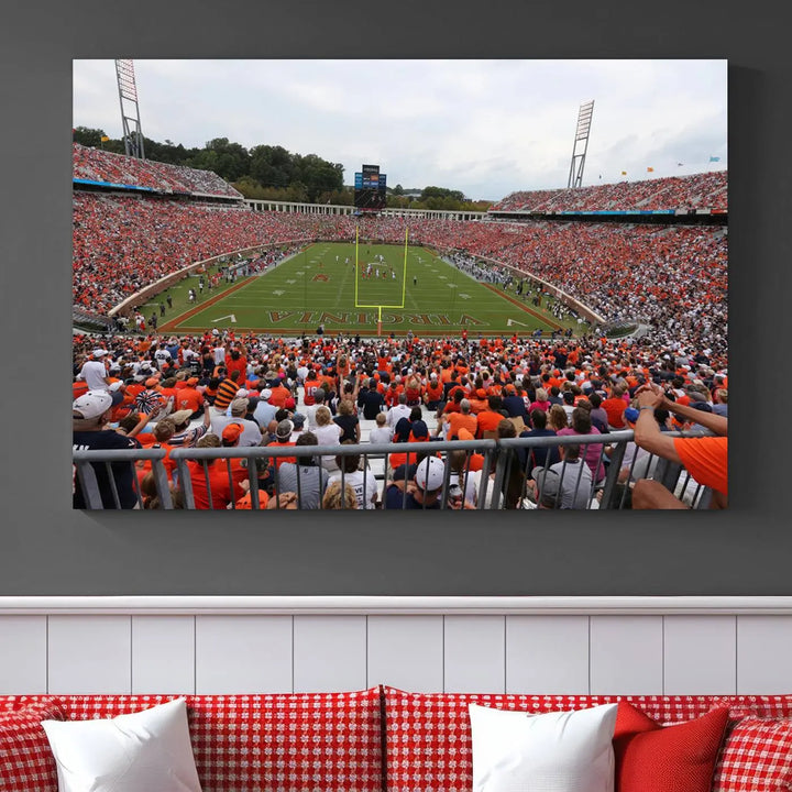 The Virginia Cavaliers Football Team Print— a premium canvas wall art of Charlottesville's Scott Stadium—beautifully enhances the modern living room.