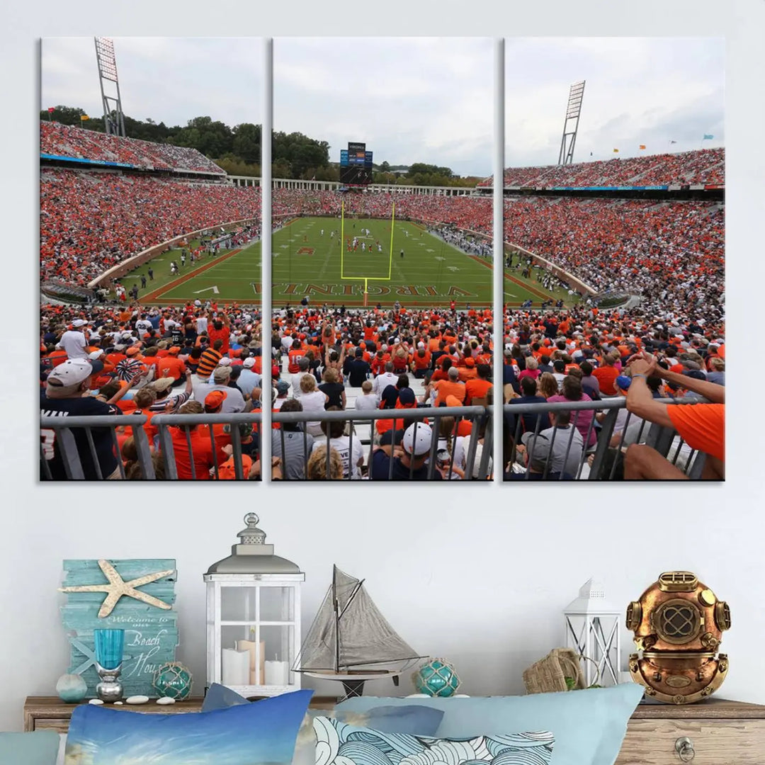 The Virginia Cavaliers Football Team Print— a premium canvas wall art of Charlottesville's Scott Stadium—beautifully enhances the modern living room.