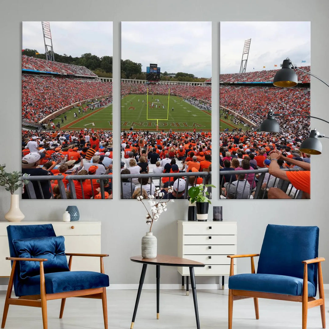 The Virginia Cavaliers Football Team Print— a premium canvas wall art of Charlottesville's Scott Stadium—beautifully enhances the modern living room.