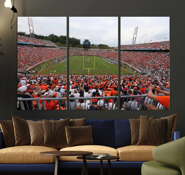 The Virginia Cavaliers Football Team Print— a premium canvas wall art of Charlottesville's Scott Stadium—beautifully enhances the modern living room.