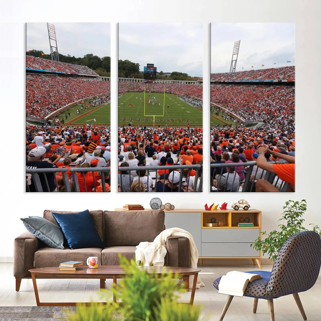 The Virginia Cavaliers Football Team Print— a premium canvas wall art of Charlottesville's Scott Stadium—beautifully enhances the modern living room.