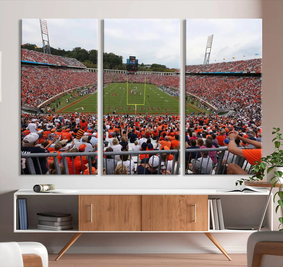 The Virginia Cavaliers Football Team Print— a premium canvas wall art of Charlottesville's Scott Stadium—beautifully enhances the modern living room.