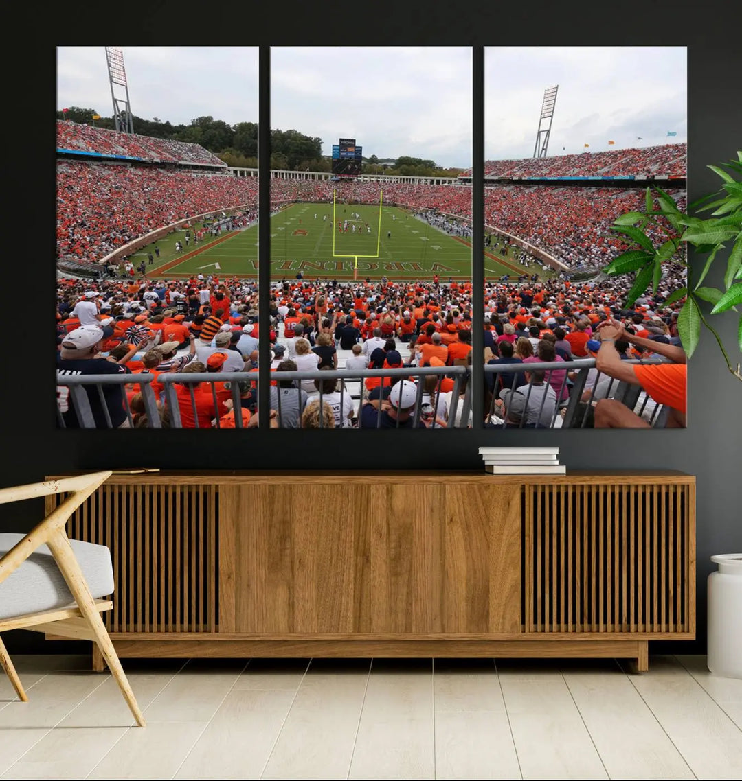 The Virginia Cavaliers Football Team Print— a premium canvas wall art of Charlottesville's Scott Stadium—beautifully enhances the modern living room.