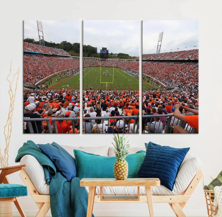 The Virginia Cavaliers Football Team Print— a premium canvas wall art of Charlottesville's Scott Stadium—beautifully enhances the modern living room.