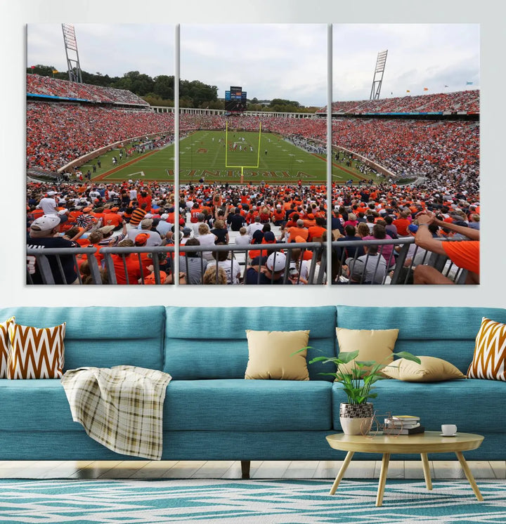 The Virginia Cavaliers Football Team Print— a premium canvas wall art of Charlottesville's Scott Stadium—beautifully enhances the modern living room.