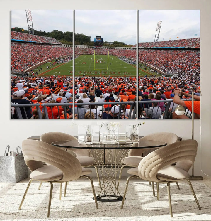 The Virginia Cavaliers Football Team Print— a premium canvas wall art of Charlottesville's Scott Stadium—beautifully enhances the modern living room.