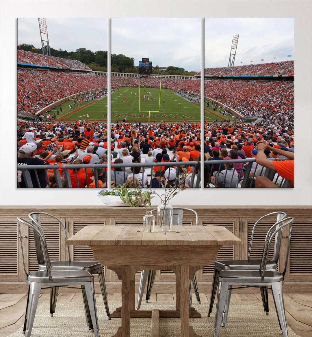 The Virginia Cavaliers Football Team Print— a premium canvas wall art of Charlottesville's Scott Stadium—beautifully enhances the modern living room.