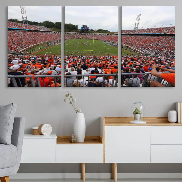 The Virginia Cavaliers Football Team Print— a premium canvas wall art of Charlottesville's Scott Stadium—beautifully enhances the modern living room.