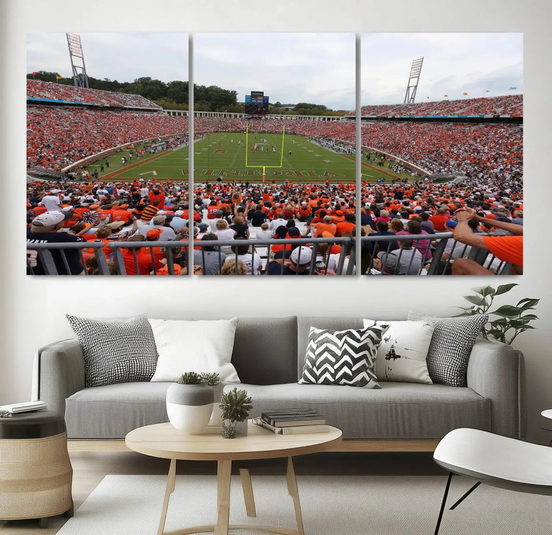 The Virginia Cavaliers Football Team Print— a premium canvas wall art of Charlottesville's Scott Stadium—beautifully enhances the modern living room.