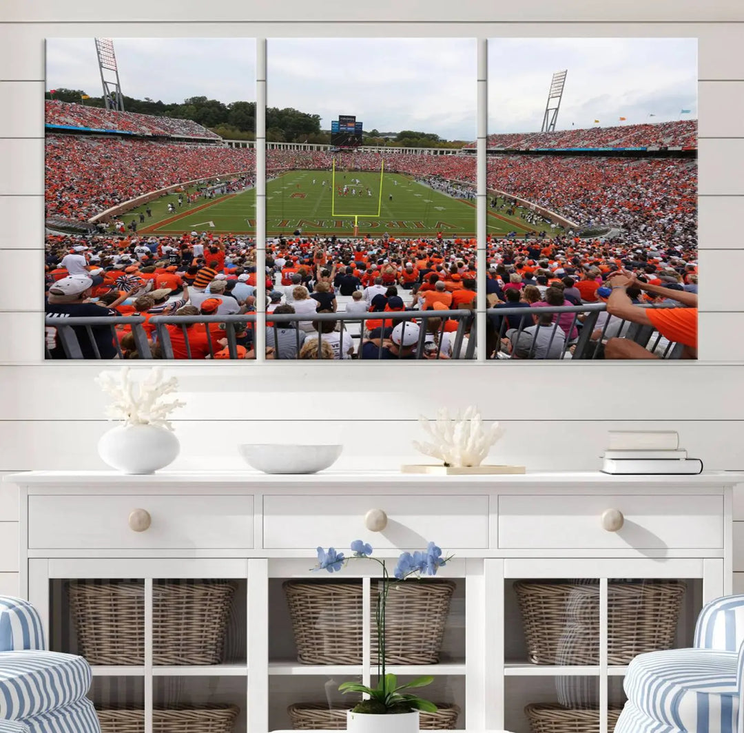 The Virginia Cavaliers Football Team Print— a premium canvas wall art of Charlottesville's Scott Stadium—beautifully enhances the modern living room.