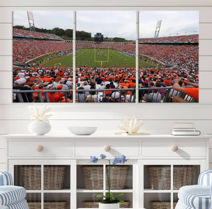 The Virginia Cavaliers Football Team Print— a premium canvas wall art of Charlottesville's Scott Stadium—beautifully enhances the modern living room.