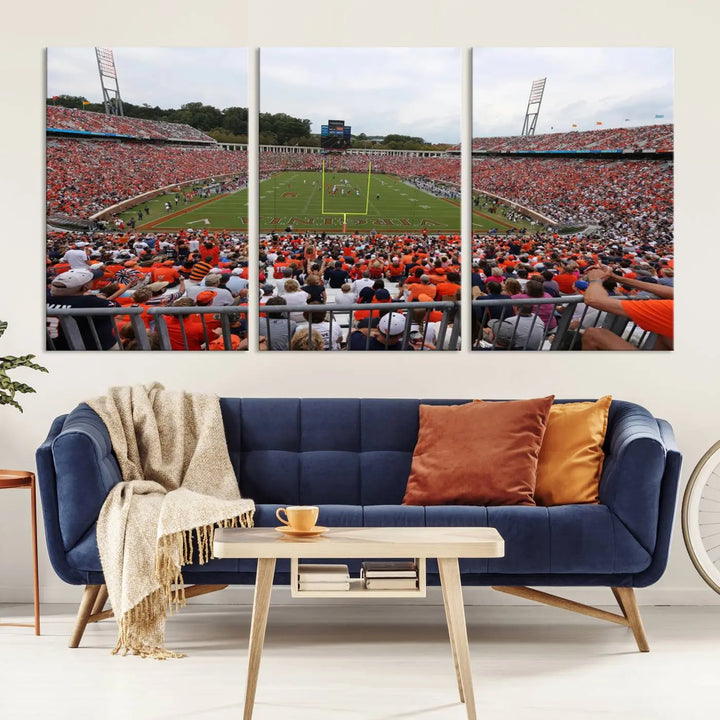 The Virginia Cavaliers Football Team Print— a premium canvas wall art of Charlottesville's Scott Stadium—beautifully enhances the modern living room.