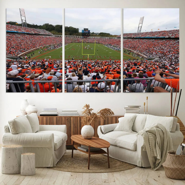 The Virginia Cavaliers Football Team Print— a premium canvas wall art of Charlottesville's Scott Stadium—beautifully enhances the modern living room.