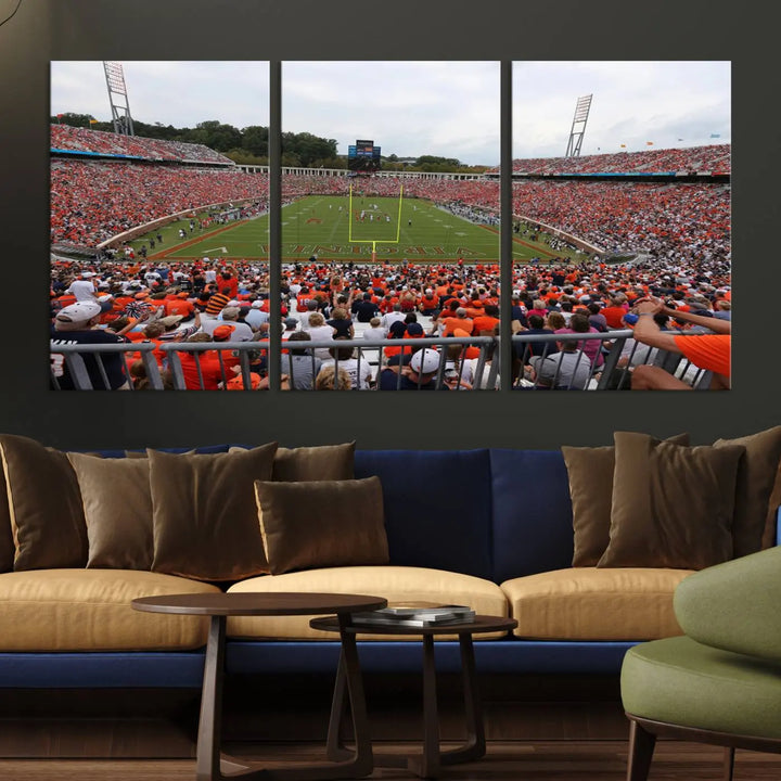 The Virginia Cavaliers Football Team Print— a premium canvas wall art of Charlottesville's Scott Stadium—beautifully enhances the modern living room.