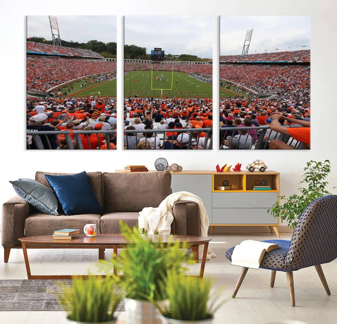 The Virginia Cavaliers Football Team Print— a premium canvas wall art of Charlottesville's Scott Stadium—beautifully enhances the modern living room.