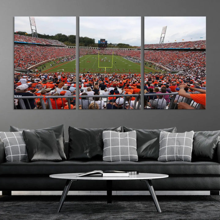 The Virginia Cavaliers Football Team Print— a premium canvas wall art of Charlottesville's Scott Stadium—beautifully enhances the modern living room.