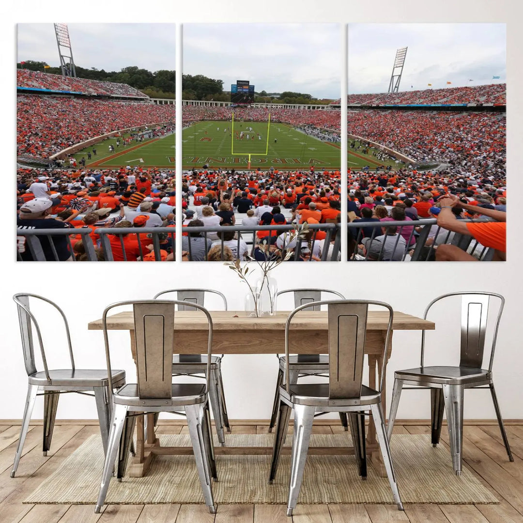 The Virginia Cavaliers Football Team Print— a premium canvas wall art of Charlottesville's Scott Stadium—beautifully enhances the modern living room.