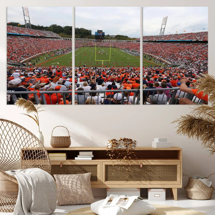 The Virginia Cavaliers Football Team Print— a premium canvas wall art of Charlottesville's Scott Stadium—beautifully enhances the modern living room.