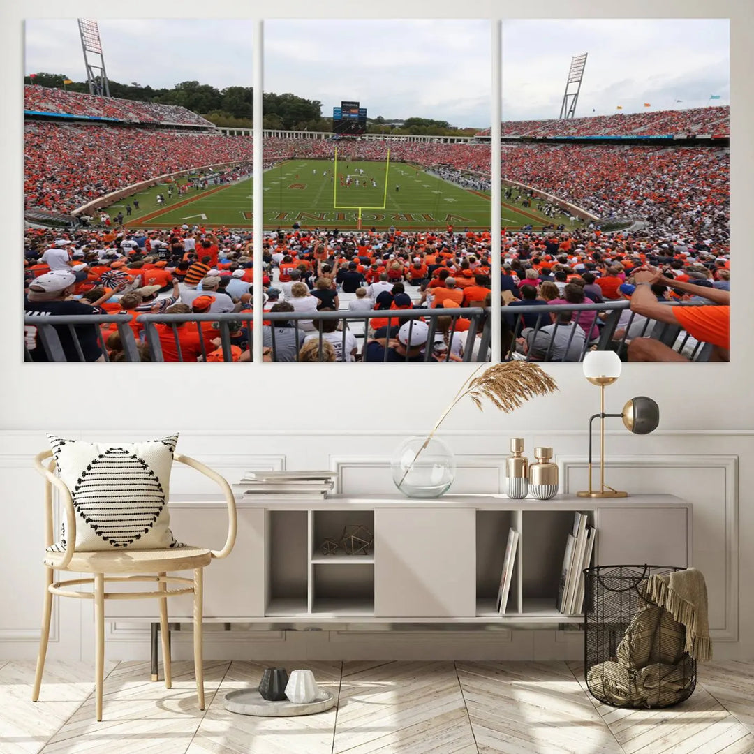 The Virginia Cavaliers Football Team Print— a premium canvas wall art of Charlottesville's Scott Stadium—beautifully enhances the modern living room.