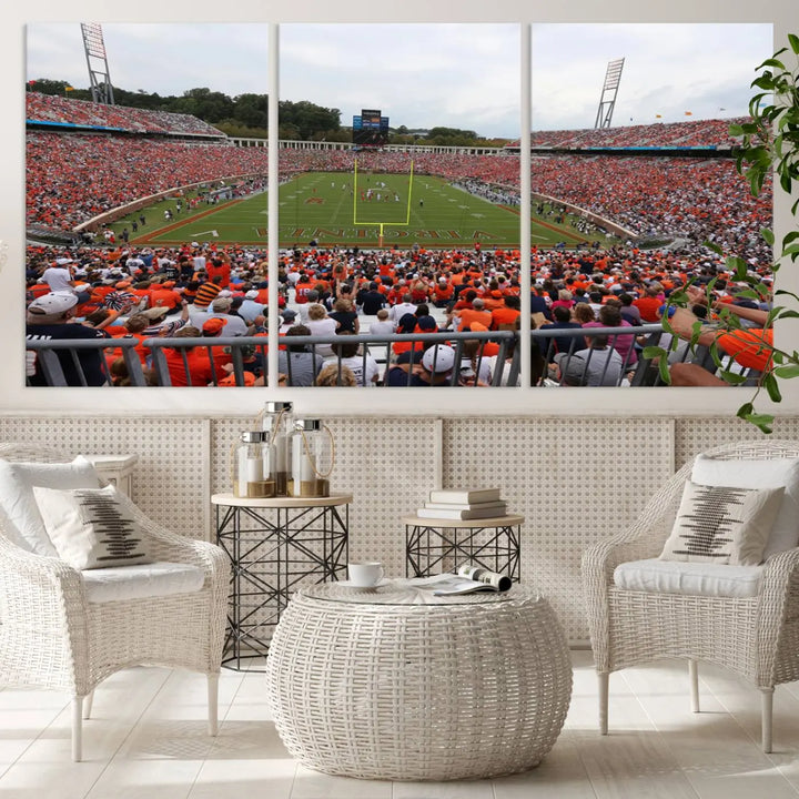 The Virginia Cavaliers Football Team Print— a premium canvas wall art of Charlottesville's Scott Stadium—beautifully enhances the modern living room.