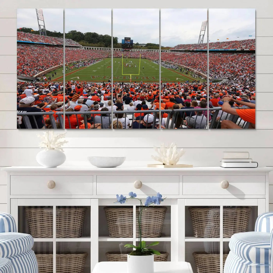 The Virginia Cavaliers Football Team Print— a premium canvas wall art of Charlottesville's Scott Stadium—beautifully enhances the modern living room.