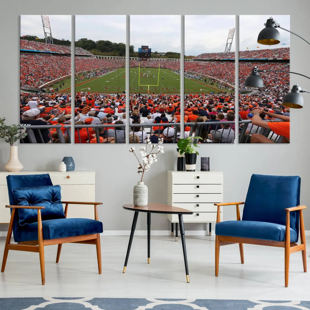 The Virginia Cavaliers Football Team Print— a premium canvas wall art of Charlottesville's Scott Stadium—beautifully enhances the modern living room.