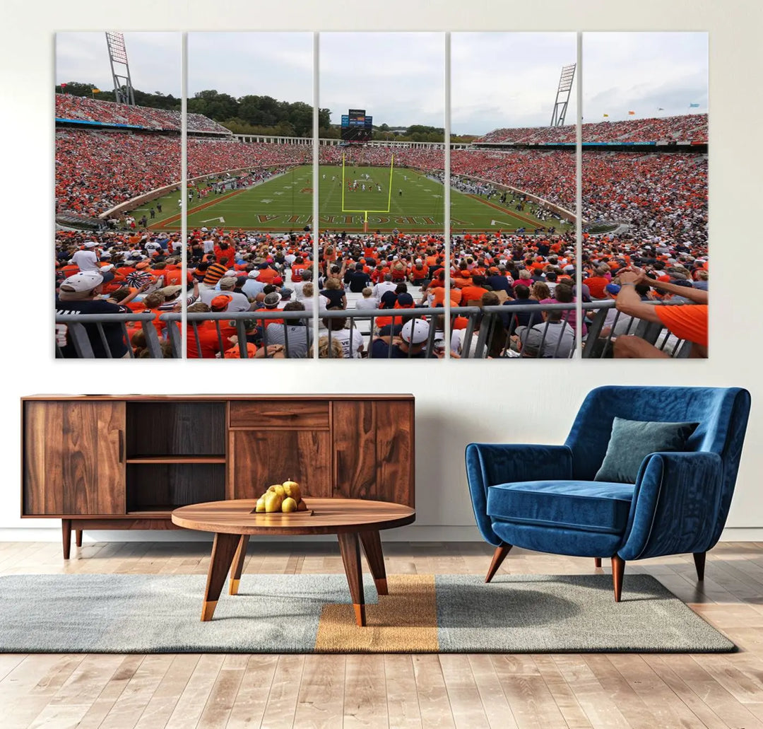 The Virginia Cavaliers Football Team Print— a premium canvas wall art of Charlottesville's Scott Stadium—beautifully enhances the modern living room.