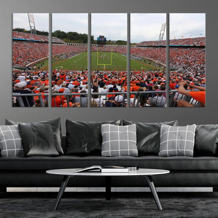 The Virginia Cavaliers Football Team Print— a premium canvas wall art of Charlottesville's Scott Stadium—beautifully enhances the modern living room.