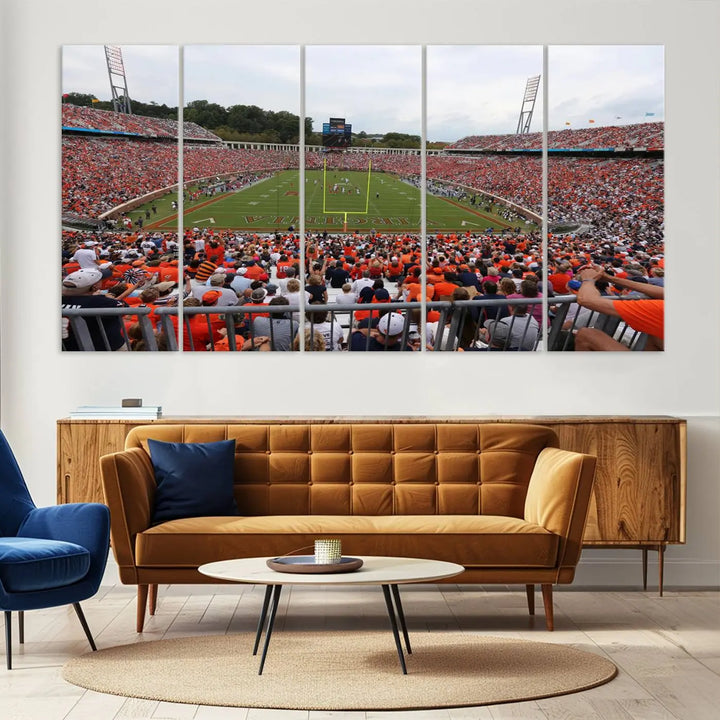 The Virginia Cavaliers Football Team Print— a premium canvas wall art of Charlottesville's Scott Stadium—beautifully enhances the modern living room.