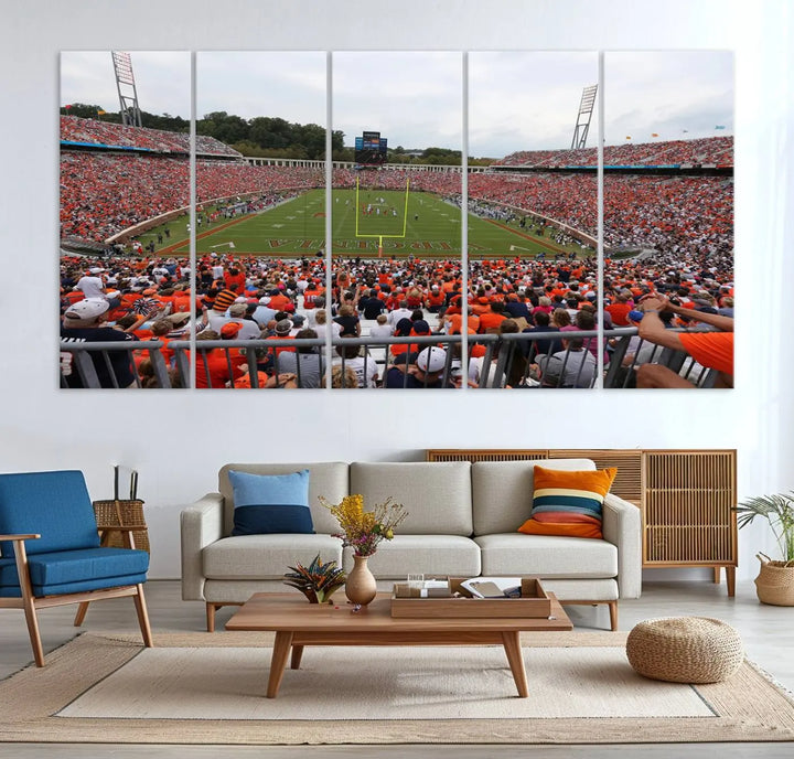 The Virginia Cavaliers Football Team Print— a premium canvas wall art of Charlottesville's Scott Stadium—beautifully enhances the modern living room.