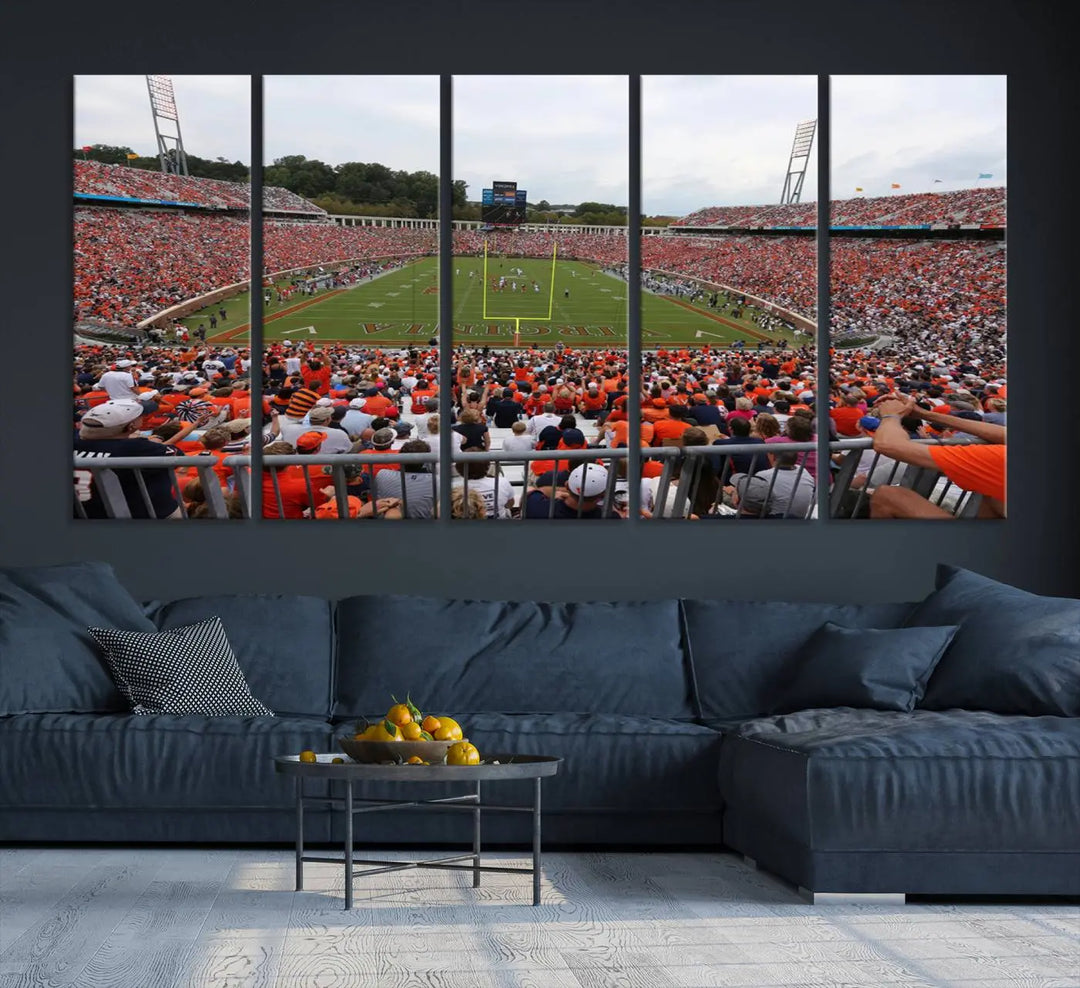 The Virginia Cavaliers Football Team Print— a premium canvas wall art of Charlottesville's Scott Stadium—beautifully enhances the modern living room.