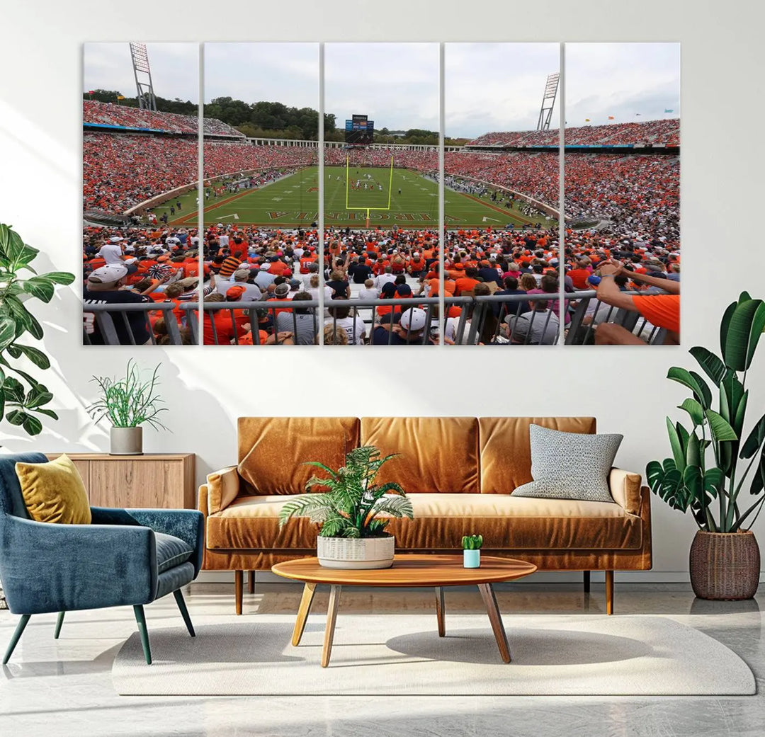 The Virginia Cavaliers Football Team Print— a premium canvas wall art of Charlottesville's Scott Stadium—beautifully enhances the modern living room.