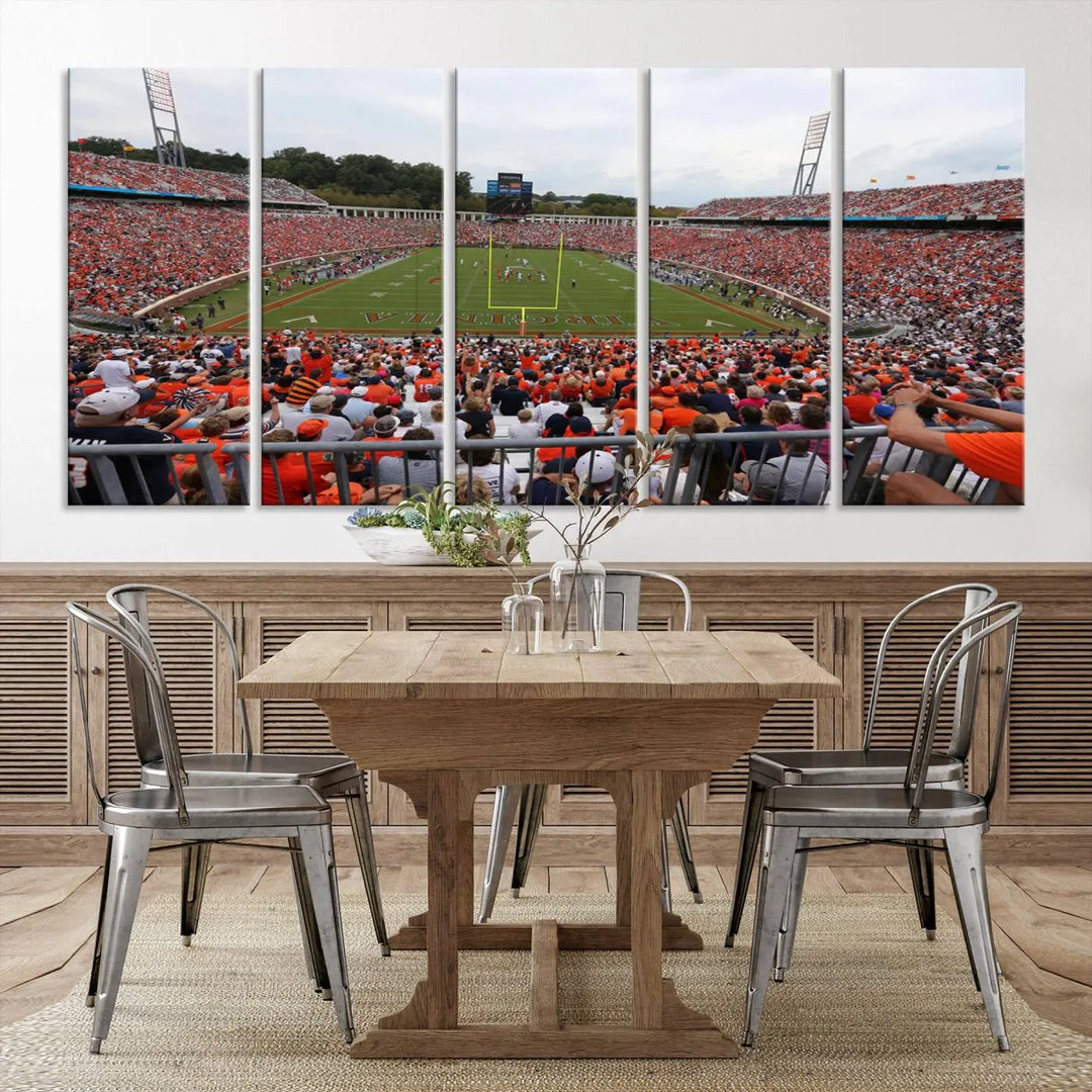 The Virginia Cavaliers Football Team Print— a premium canvas wall art of Charlottesville's Scott Stadium—beautifully enhances the modern living room.