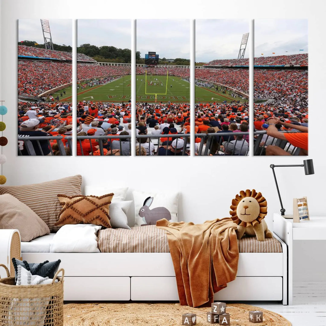 The Virginia Cavaliers Football Team Print— a premium canvas wall art of Charlottesville's Scott Stadium—beautifully enhances the modern living room.