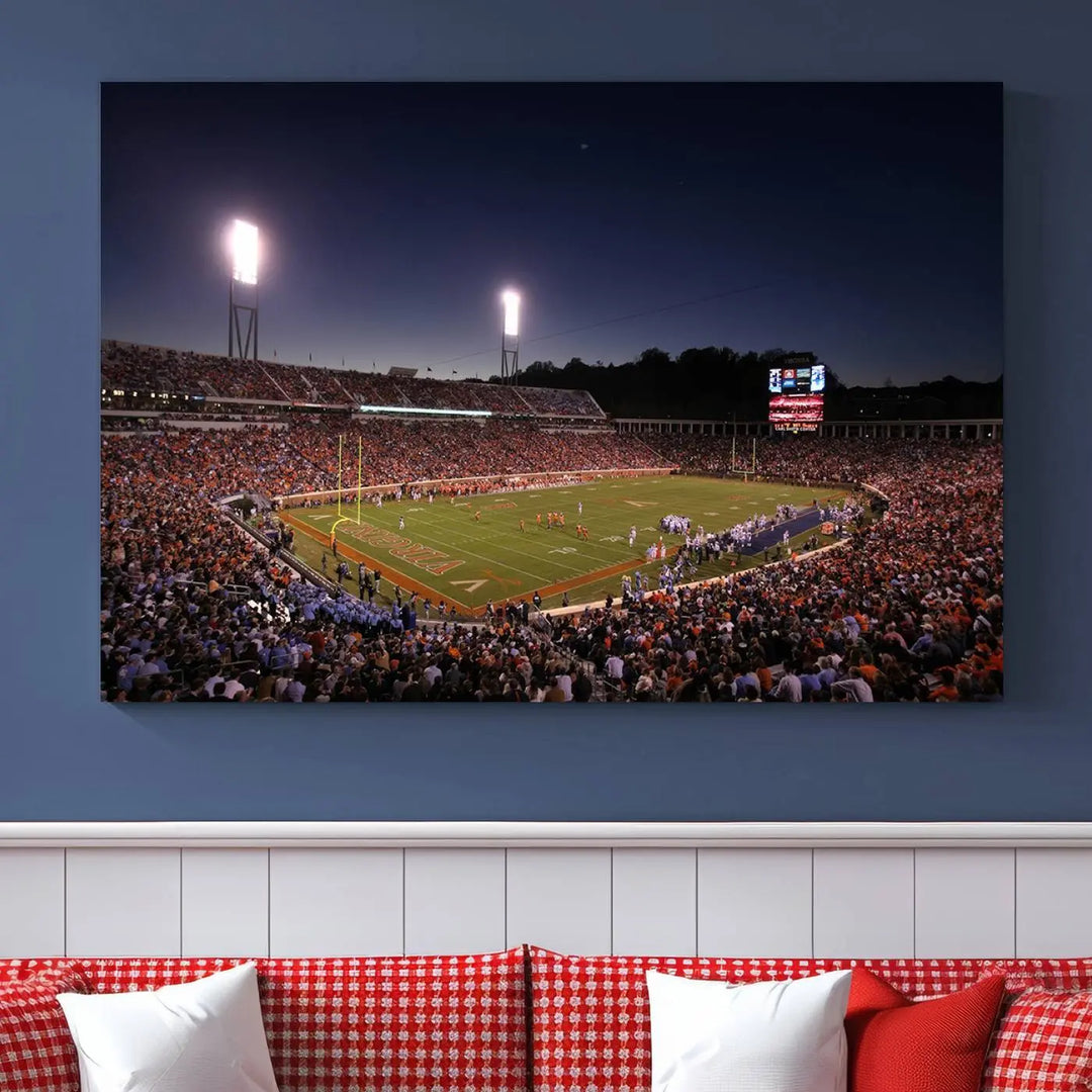 The Virginia Cavaliers Football Team Print - Charlottesville Scott Stadium Wall Art Canvas Print features a gallery-quality finish.