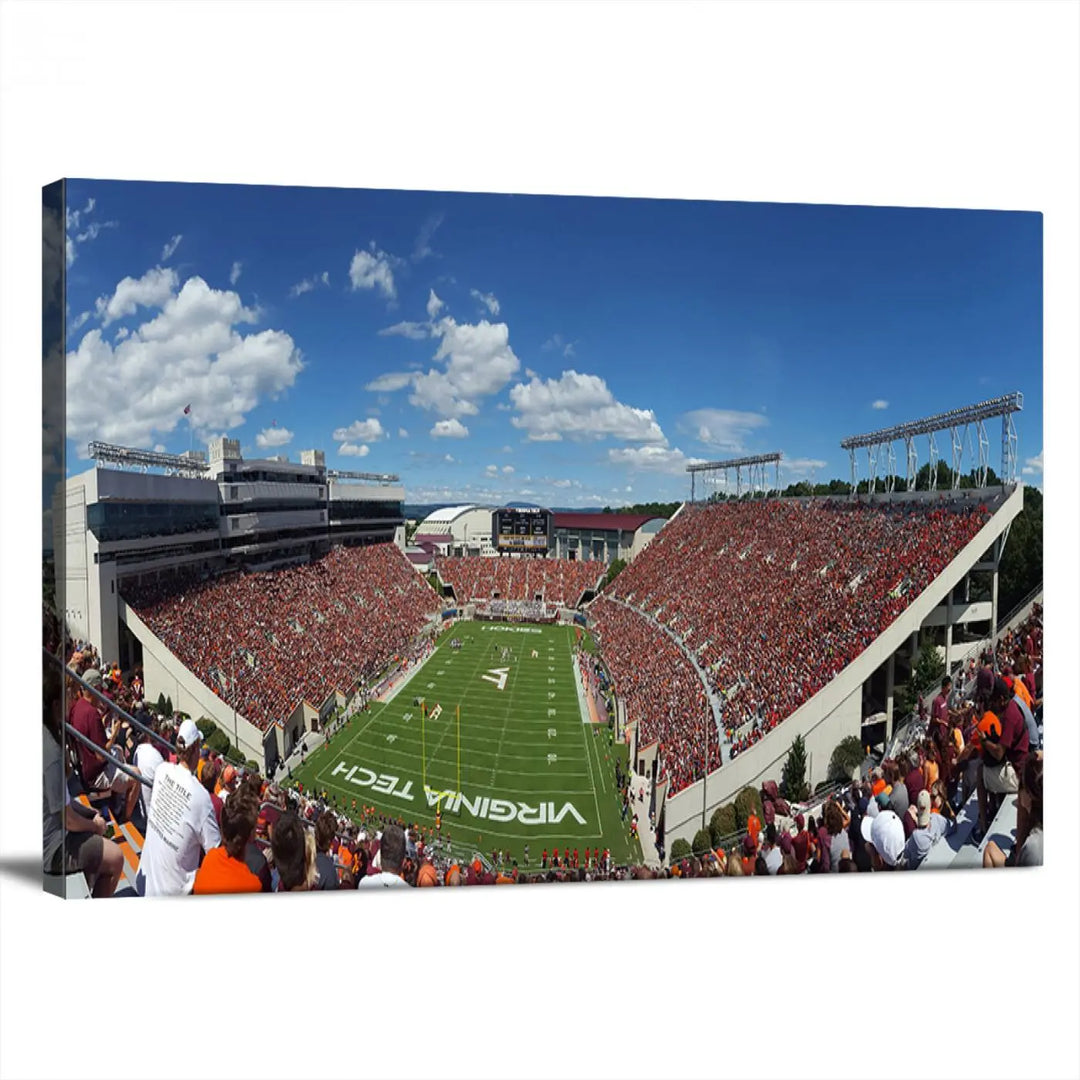 A gallery-quality triptych of the Virginia Tech Hokies Football Team, capturing the vibrant Blacksburg Lane Stadium, hangs in a well-lit, modern room. This handmade canvas artwork from the USA adds a dynamic touch to the space.