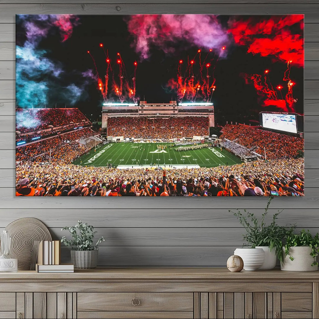 Living room adorned with the Virginia Tech Hokies Football Team Print - Blacksburg Lane Stadium Wall Art Canvas Print.