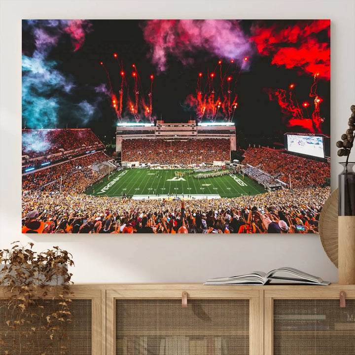 Living room adorned with the Virginia Tech Hokies Football Team Print - Blacksburg Lane Stadium Wall Art Canvas Print.