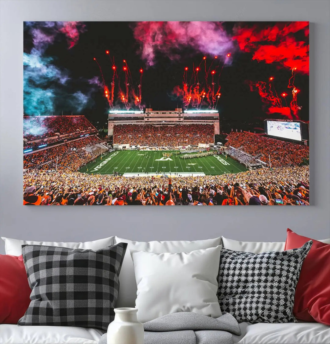 Living room adorned with the Virginia Tech Hokies Football Team Print - Blacksburg Lane Stadium Wall Art Canvas Print.