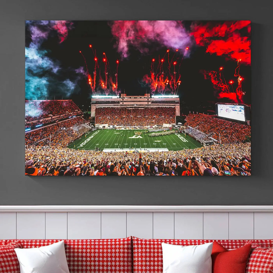 Living room adorned with the Virginia Tech Hokies Football Team Print - Blacksburg Lane Stadium Wall Art Canvas Print.