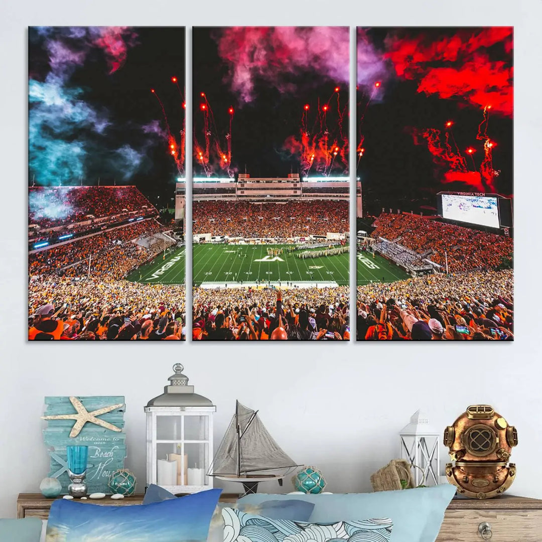 Living room adorned with the Virginia Tech Hokies Football Team Print - Blacksburg Lane Stadium Wall Art Canvas Print.