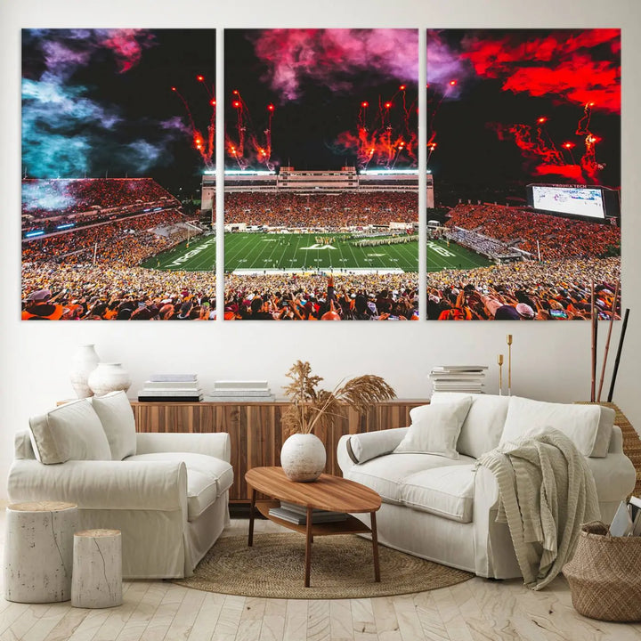 Living room adorned with the Virginia Tech Hokies Football Team Print - Blacksburg Lane Stadium Wall Art Canvas Print.