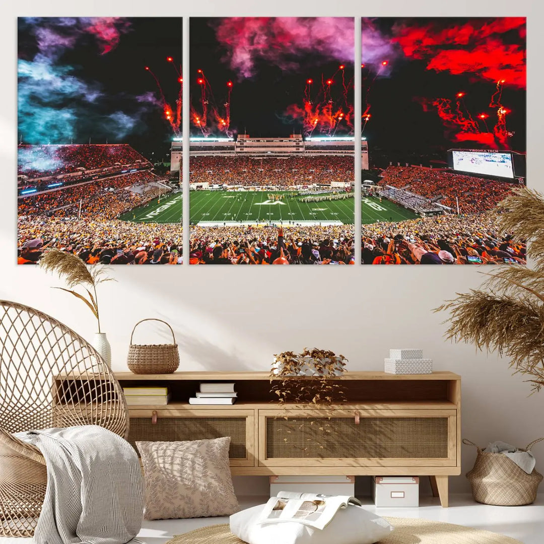 Living room adorned with the Virginia Tech Hokies Football Team Print - Blacksburg Lane Stadium Wall Art Canvas Print.