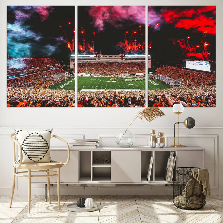 Living room adorned with the Virginia Tech Hokies Football Team Print - Blacksburg Lane Stadium Wall Art Canvas Print.