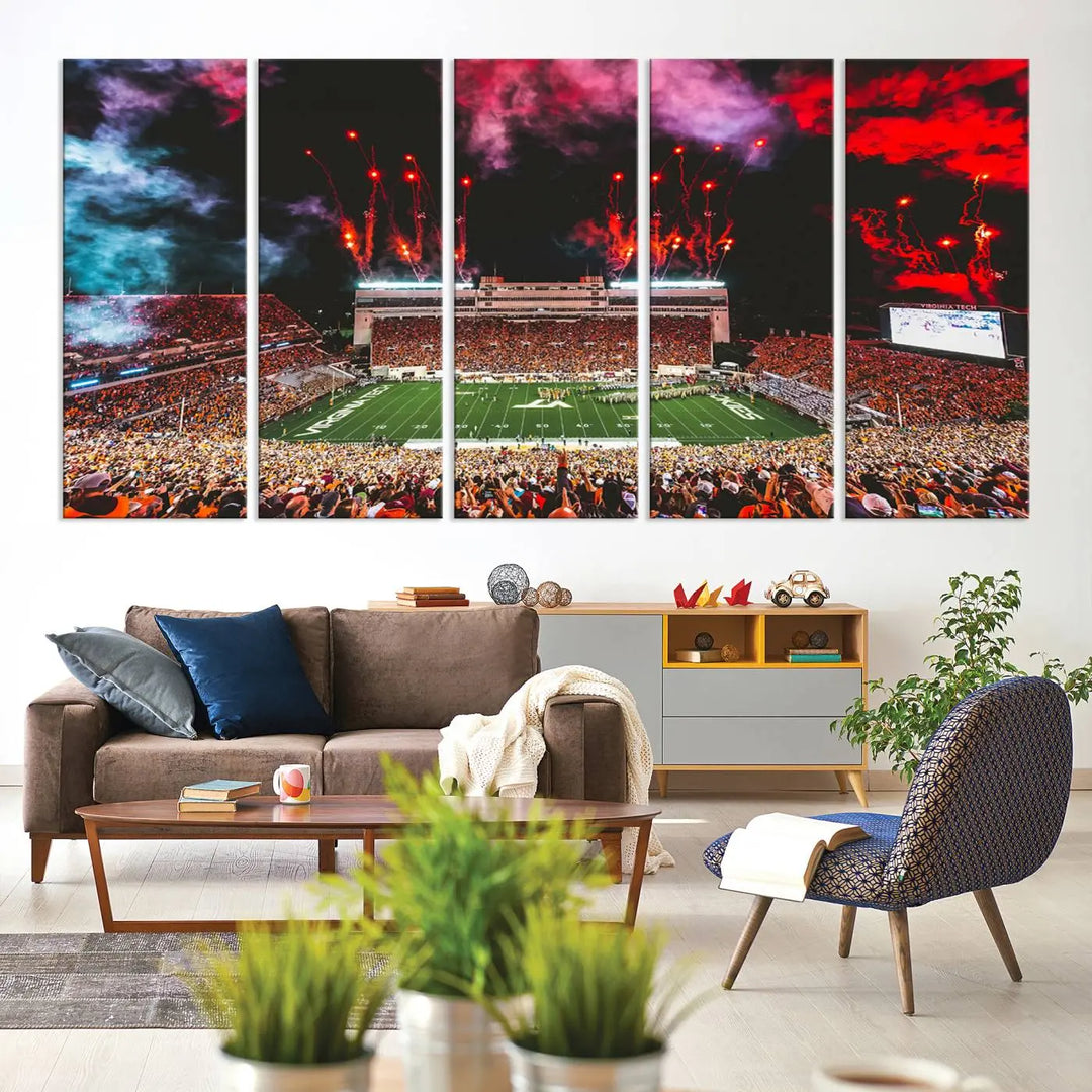 Living room adorned with the Virginia Tech Hokies Football Team Print - Blacksburg Lane Stadium Wall Art Canvas Print.