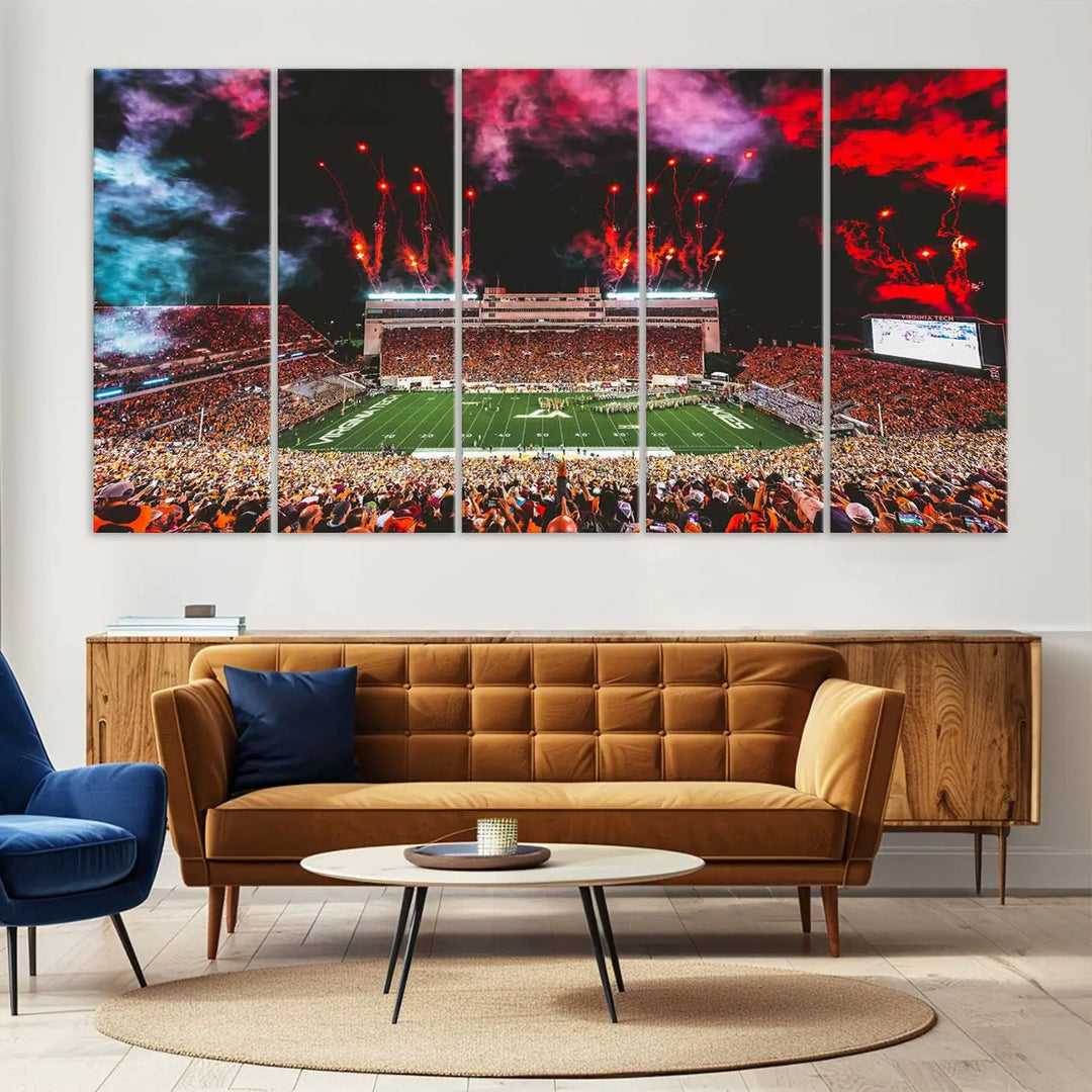 Living room adorned with the Virginia Tech Hokies Football Team Print - Blacksburg Lane Stadium Wall Art Canvas Print.