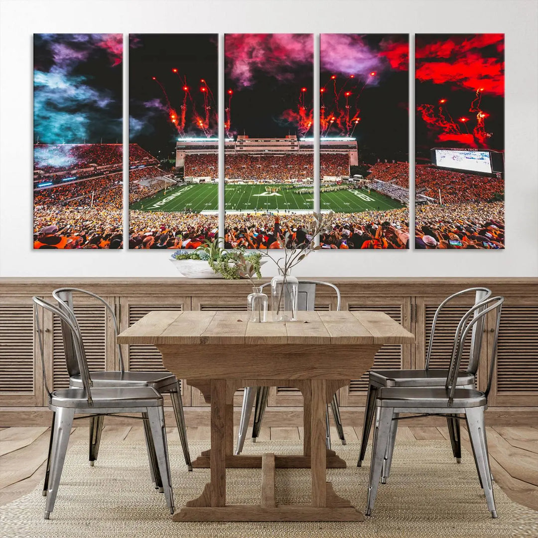 Living room adorned with the Virginia Tech Hokies Football Team Print - Blacksburg Lane Stadium Wall Art Canvas Print.