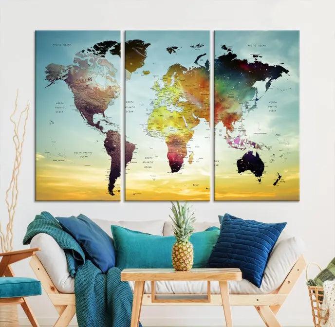 A vivid colored push pin world map with a sky background canvas print elegantly hangs, adding a striking focal point to the room.