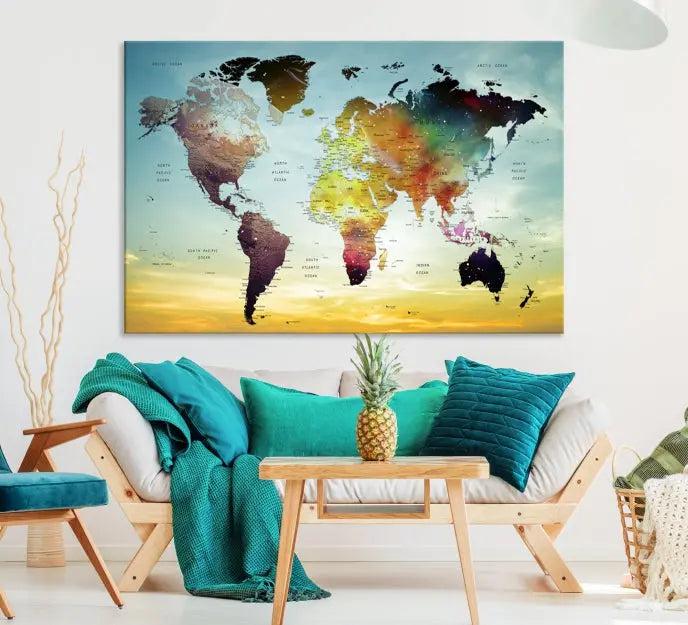 A vivid colored push pin world map with a sky background canvas print elegantly hangs, adding a striking focal point to the room.