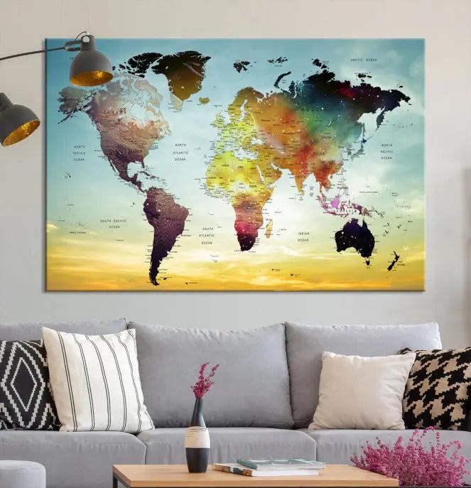 A vivid colored push pin world map with a sky background canvas print elegantly hangs, adding a striking focal point to the room.